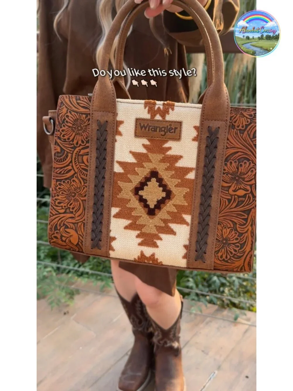 Western Tote Bag with Aztec Tapestry & Genuine Leather